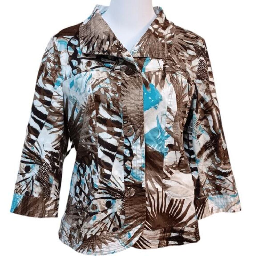 CHICO'S 2 Light Jacket Cute Buttons 12 LG Office Travel Leaves‎ Animal Turquoise